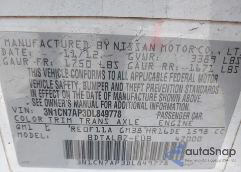 2013 Nissan Versa 1.6 Sv z USA, uszkodzony, nr VIN 3N1CN7AP3DL849778